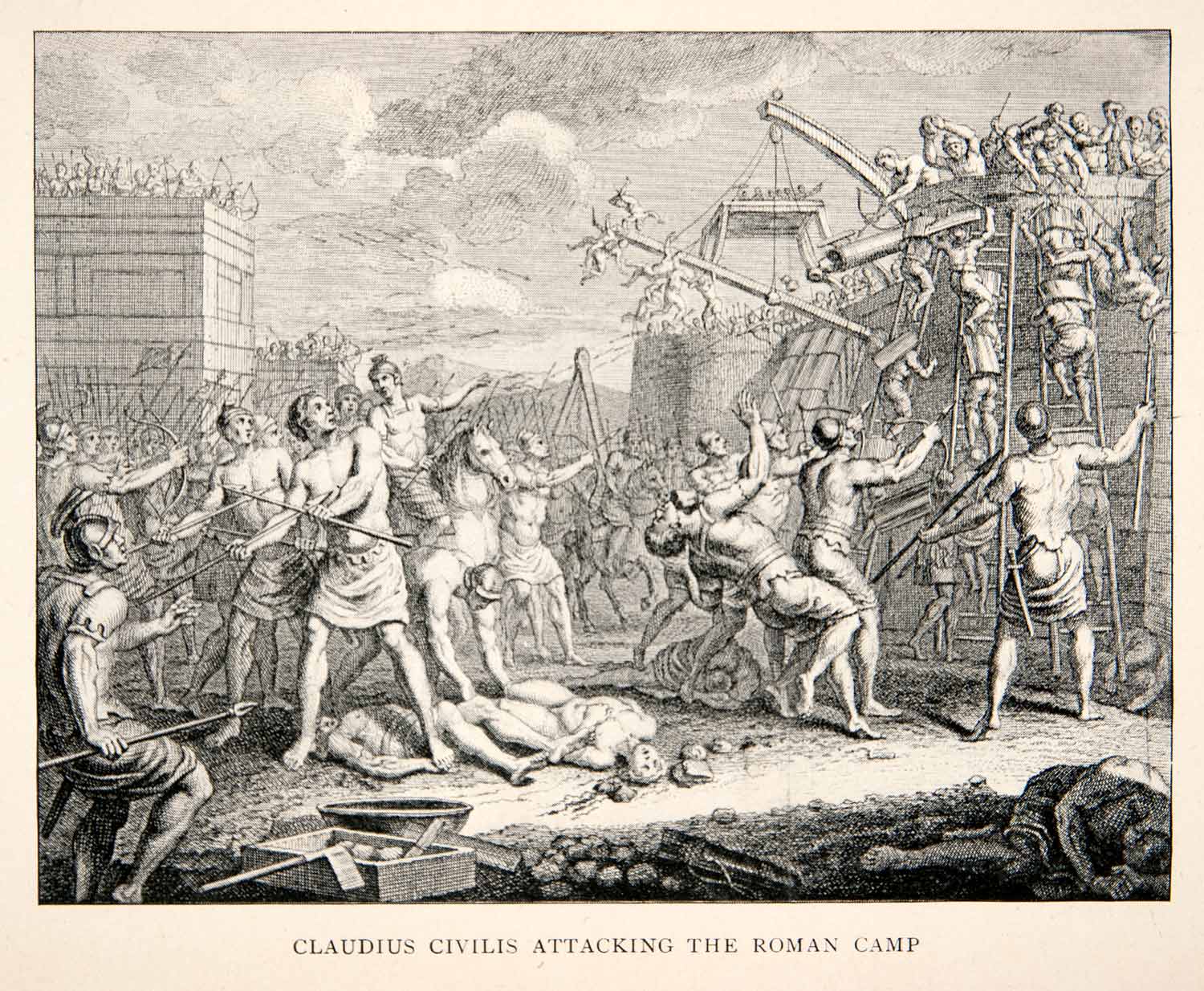 1903 Print Ancient Batavian Rebellion Roman Attack Warfare Art Gaius XET7