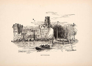 1900 Print Rotterdam City Holland Water Bridge Boats Buildings Dutch Rotte XEW1
