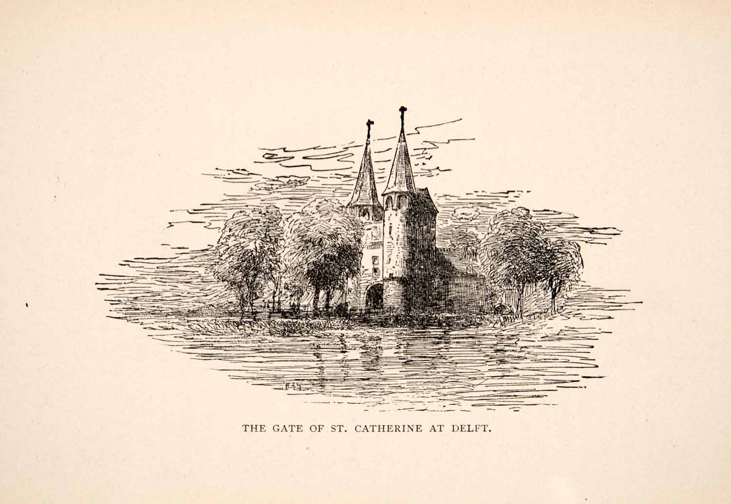 1900 Print Gate Saint Catherine Delft Water Trees Eastern Brick Gothic XEW1