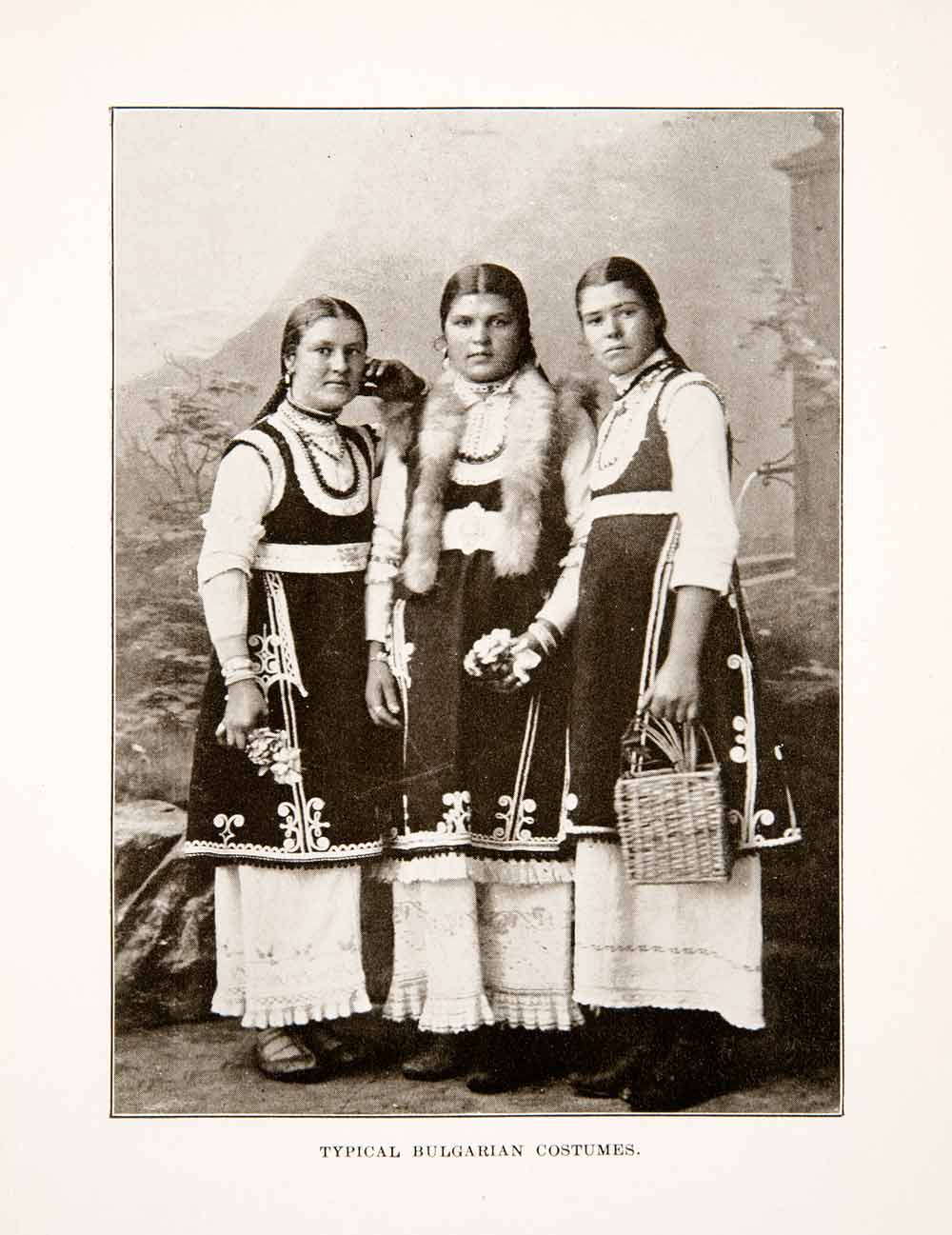 1914 Print Portrait Typical Bulgarian Costumes Girls Balkans Folk Dress XEW4
