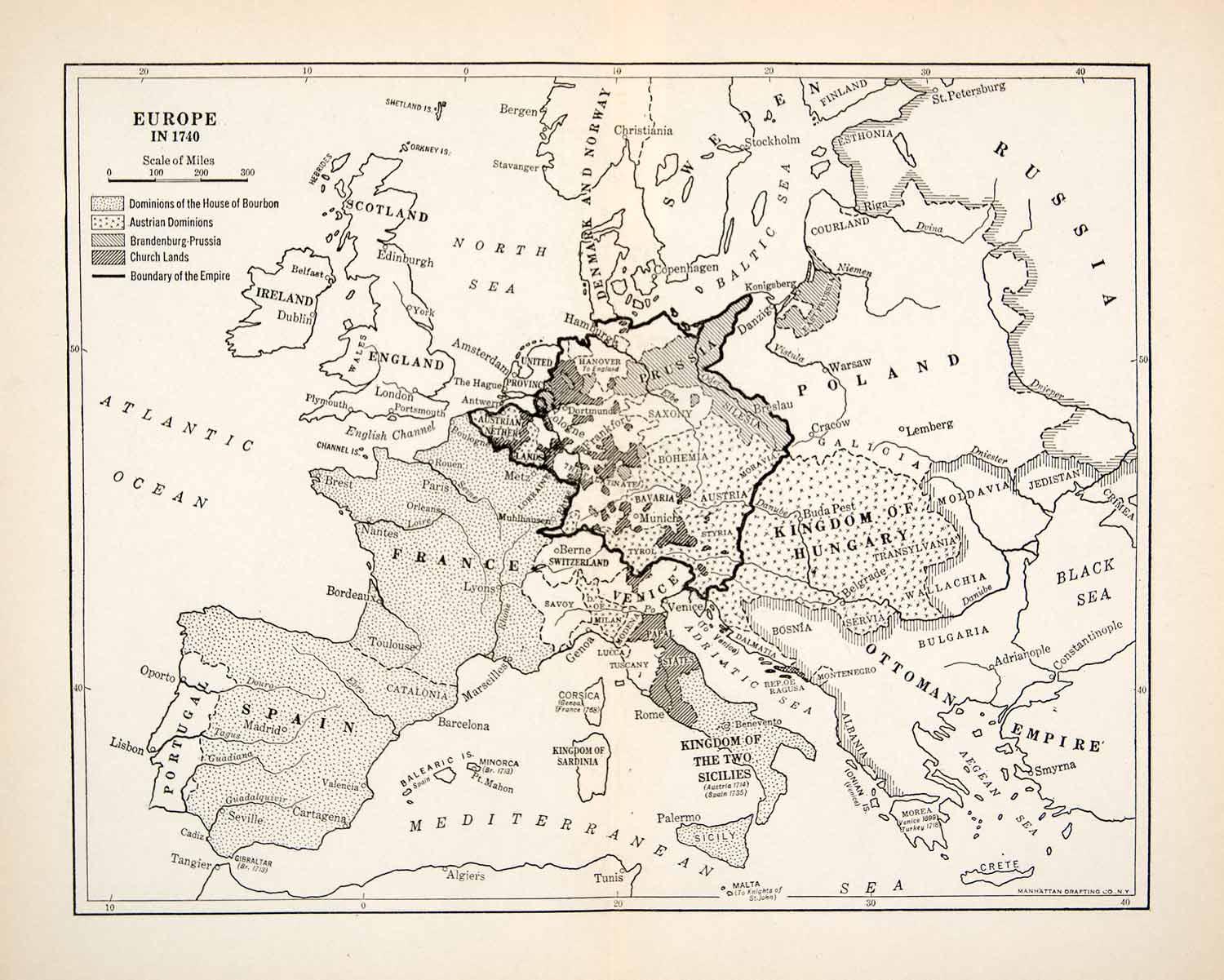 1928 Print Map Europe Bourbon Austrian Dominions Brandenburg Prussia Church XEW7