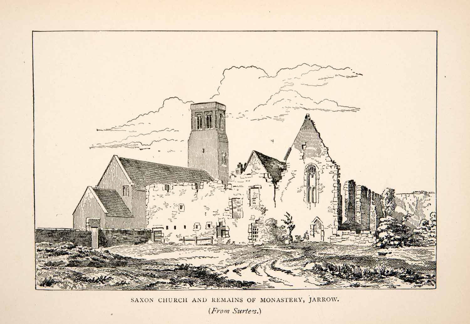1893 Wood Engraving Saxon Church Remains Monastery Jarrow England Ruin XEX4