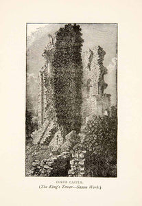 1893 Wood Engraving Corfe Castle England Kings Tower Ruins Remains XEX4