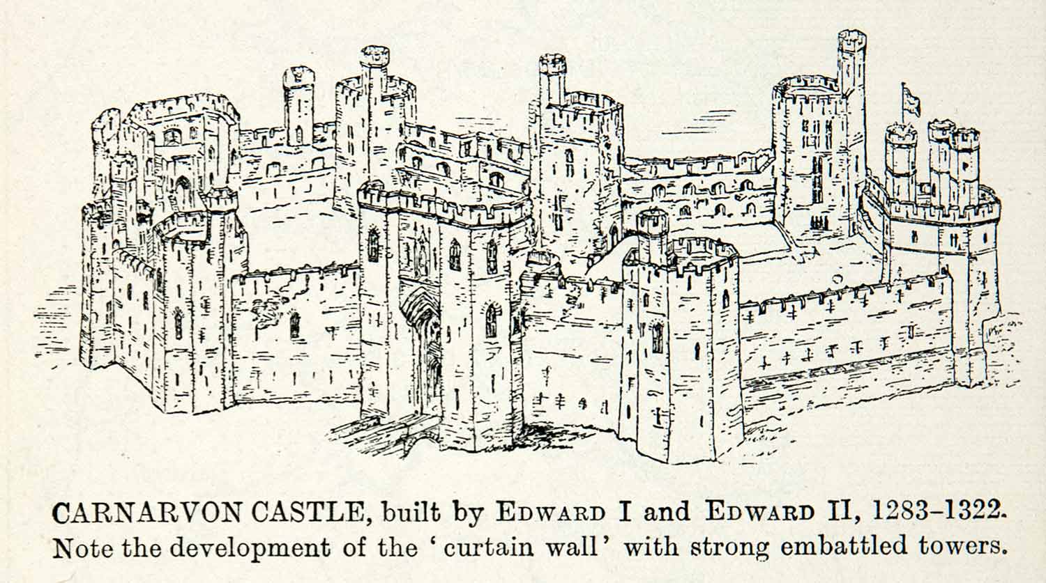 1922 Print Carnarvon Castle Curtain Embattled Tower Gwynedd Wales XEX7