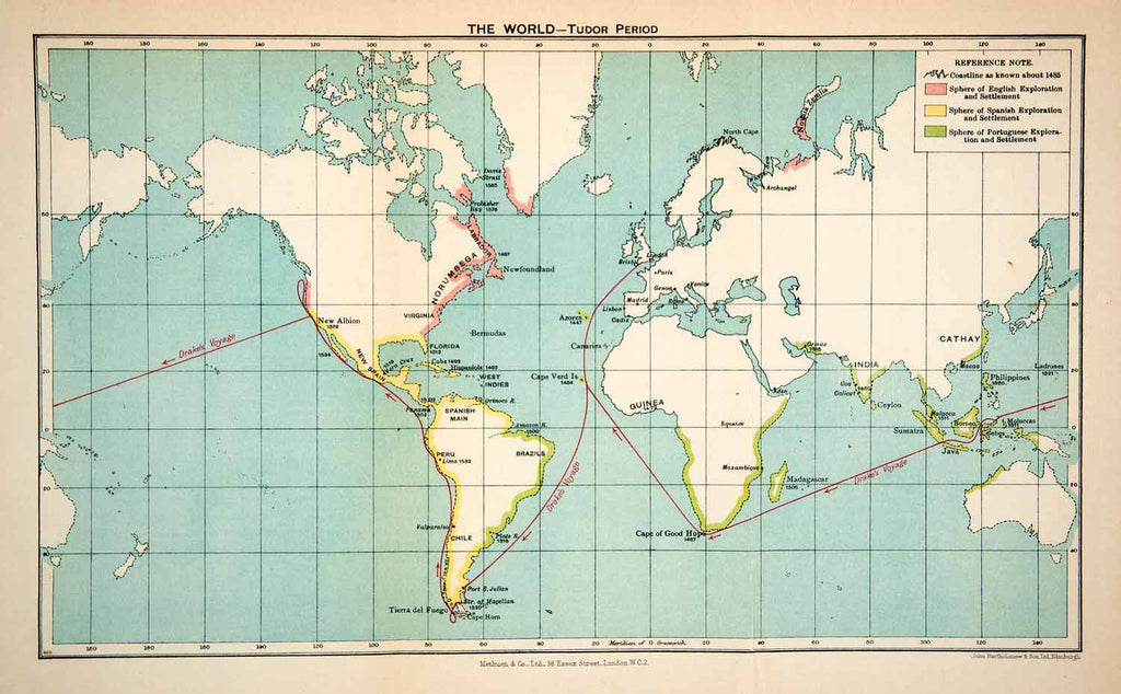 1932 Lithograph Map World Tudor Time Period Drake Voyage Norumbega Brazil XEX8 - Period Paper
