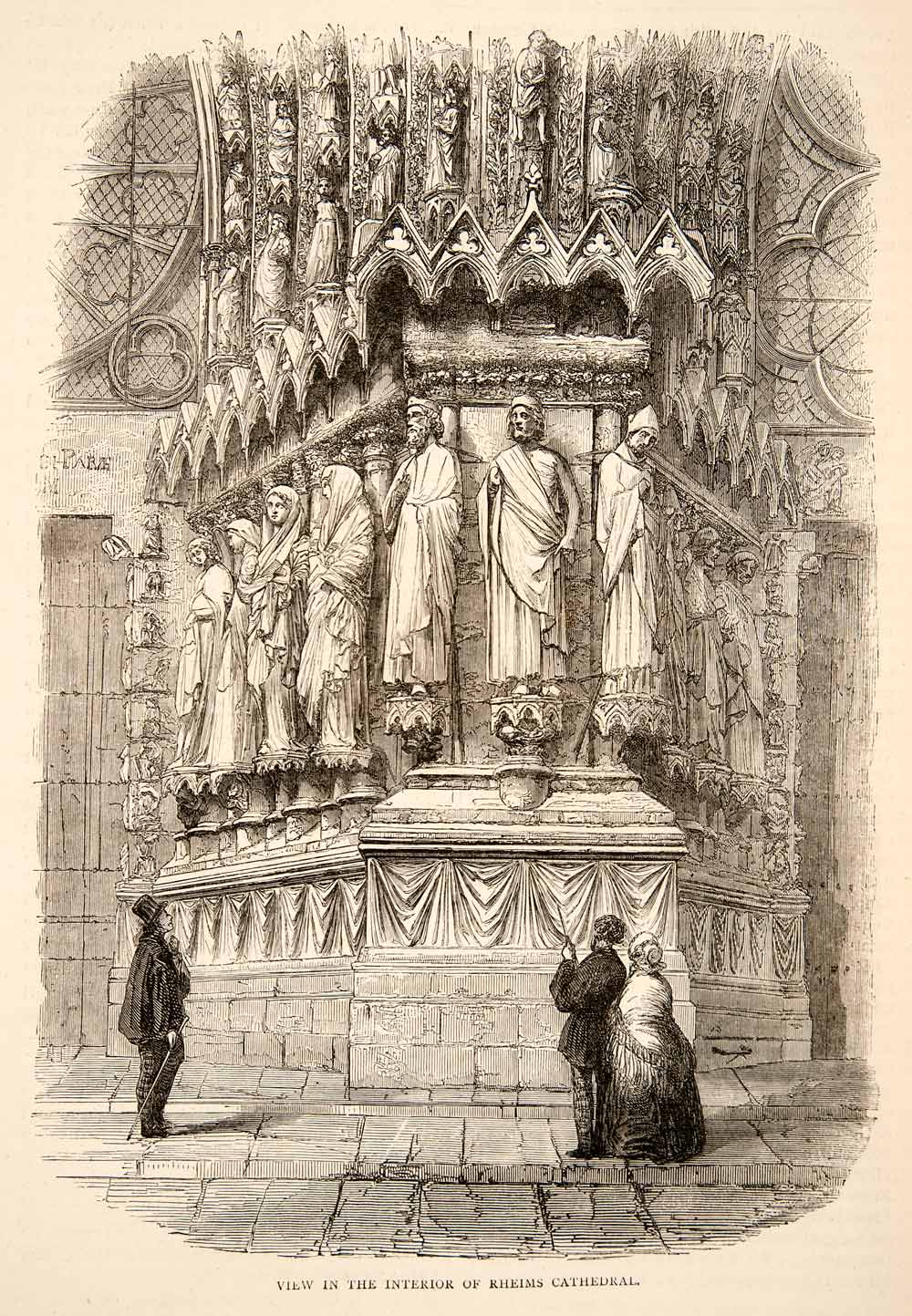 1874 Wood Engraving Sculpture Interior Rheims Cathedral France World XEY1