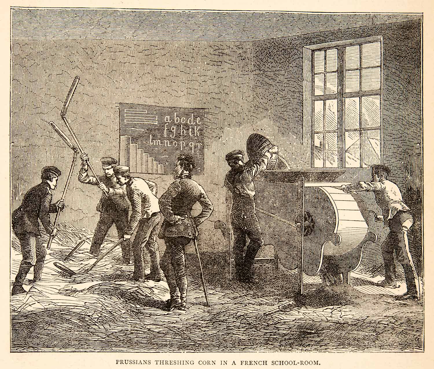 1874 Wood Engraving Prussians Threshing Corn French School Room Franco XEY1