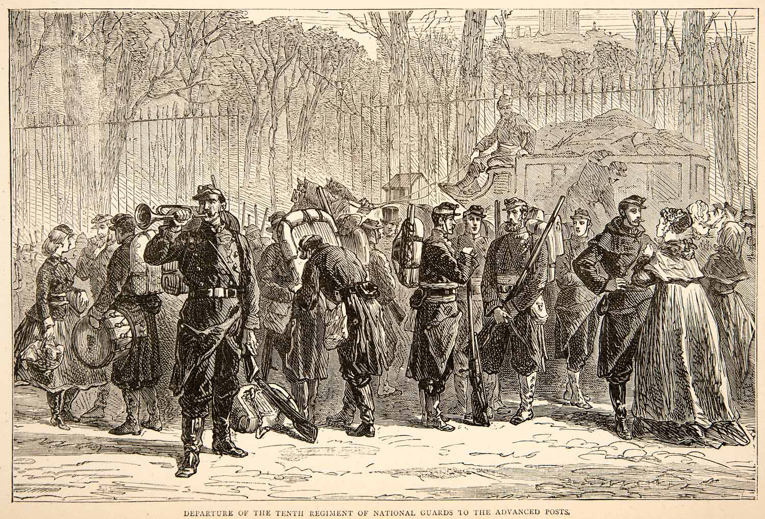 1874 Wood Engraving Departure Tenth Regiment National Guard Post Franco XEY1
