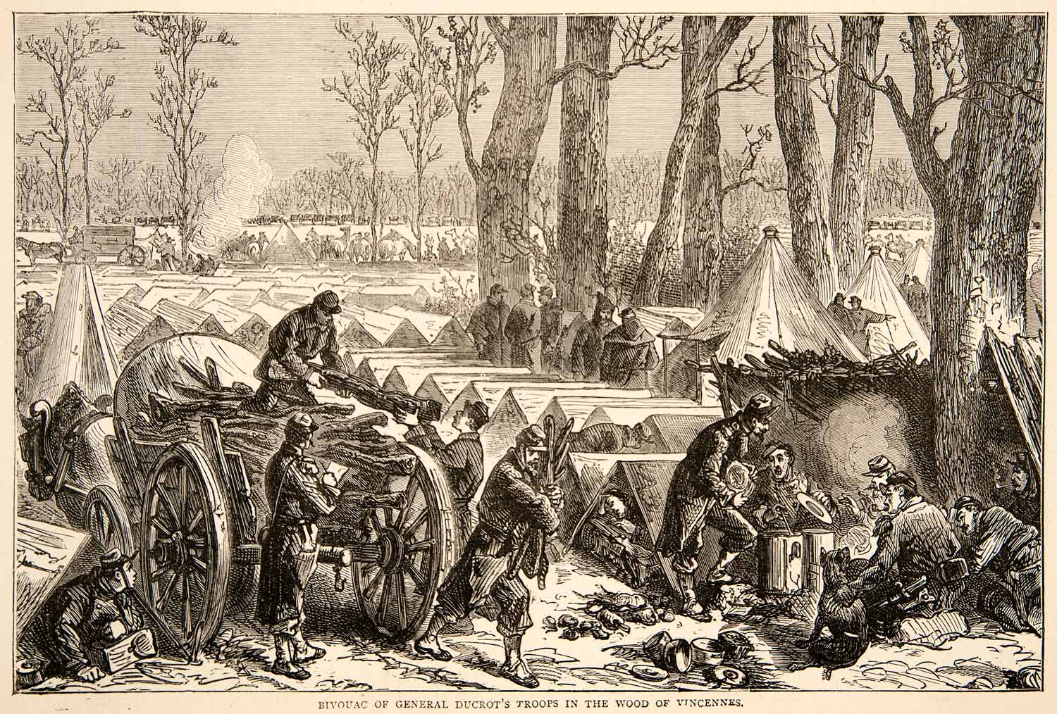 1874 Wood Engraving Bivouac General Cucrot Troops Woods Vincenne Franco XEY1