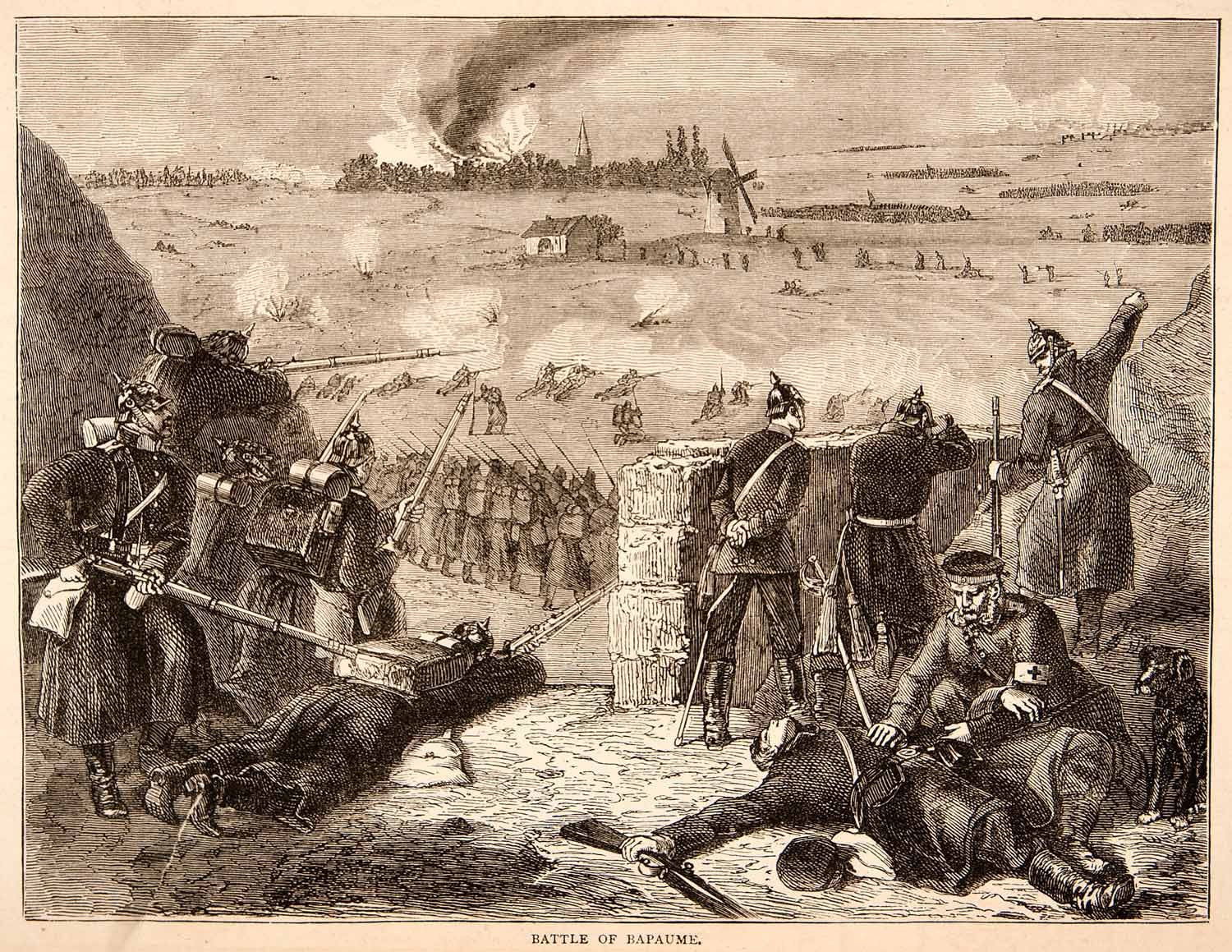 1874 Wood Engraving Franco-Prussian War Battle Bapaume Soldiers Wounded XEY1
