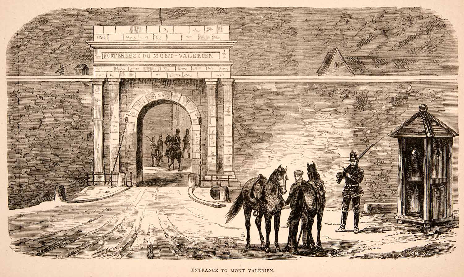 1874 Wood Engraving Franco-Prussian War Entrance Mont Valerien Archway XEY1