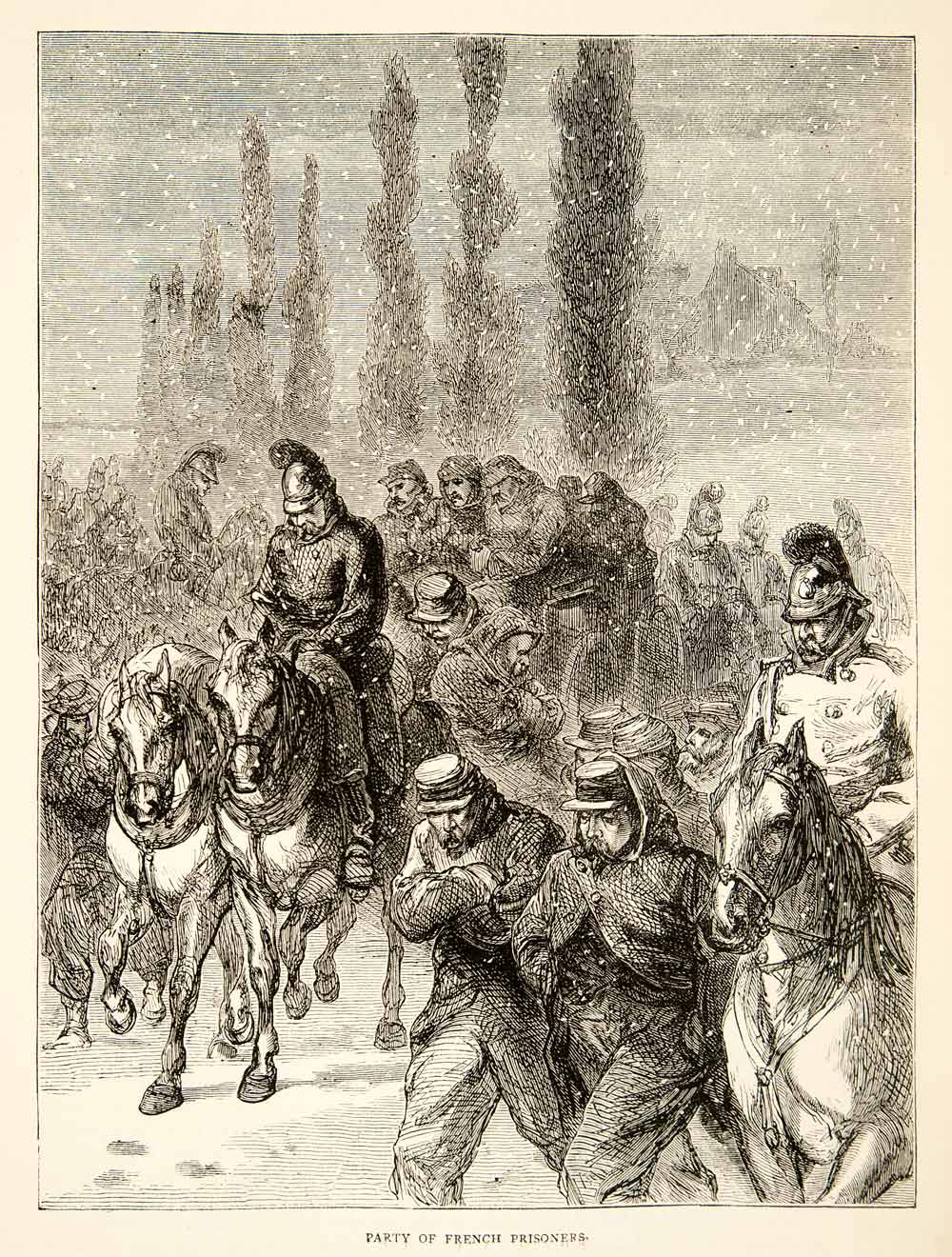 1874 Wood Engraving Franco-Prussian War French Prisoners Soldiers Horse XEY1