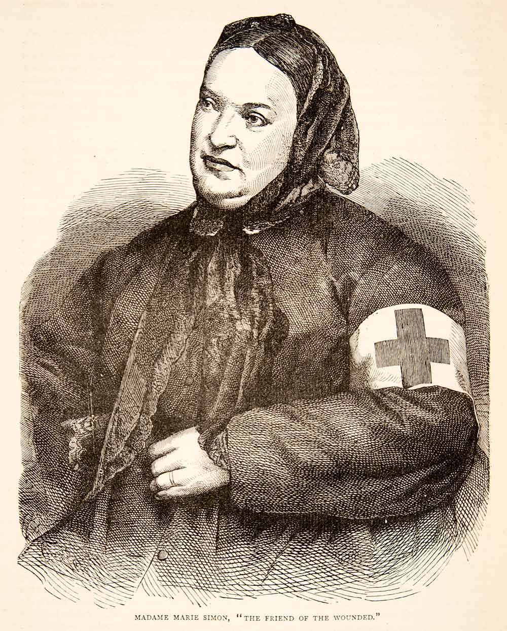 1874 Wood Engraving Portrait Costume Uniform Madame Marie Simon Nurse XEY1