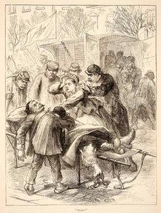 1874 Wood Engraving Paris Commune Uprising Dead Woman Child Mourning Men XEY1