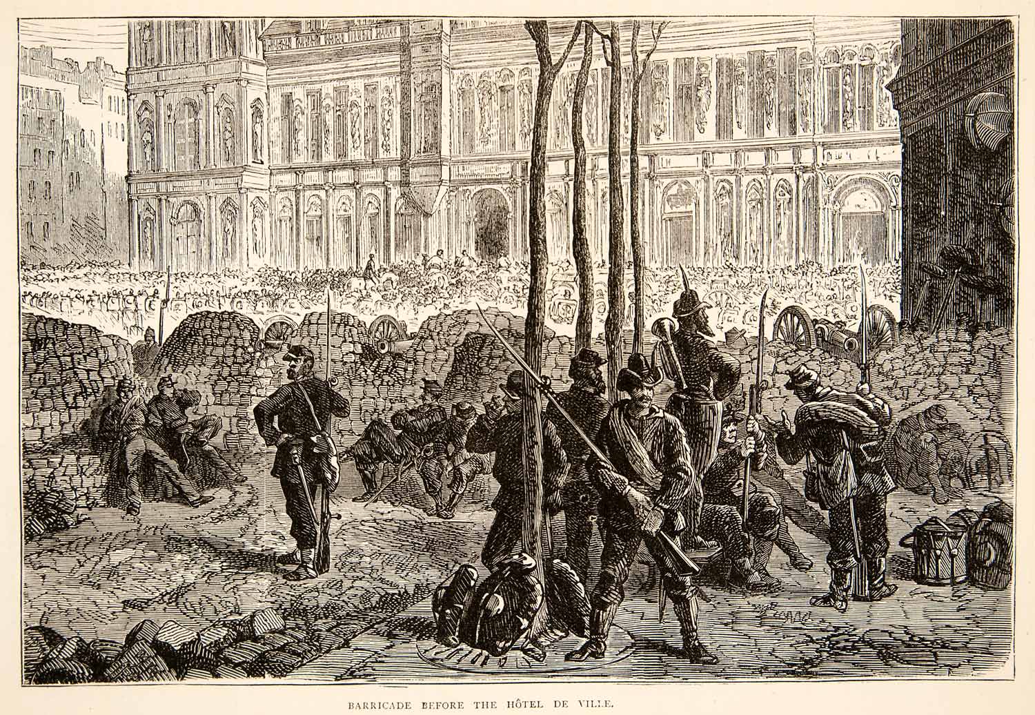 1874 Wood Engraving Barricade Hotel De Ville Paris France Cannons Soldiers XEY1