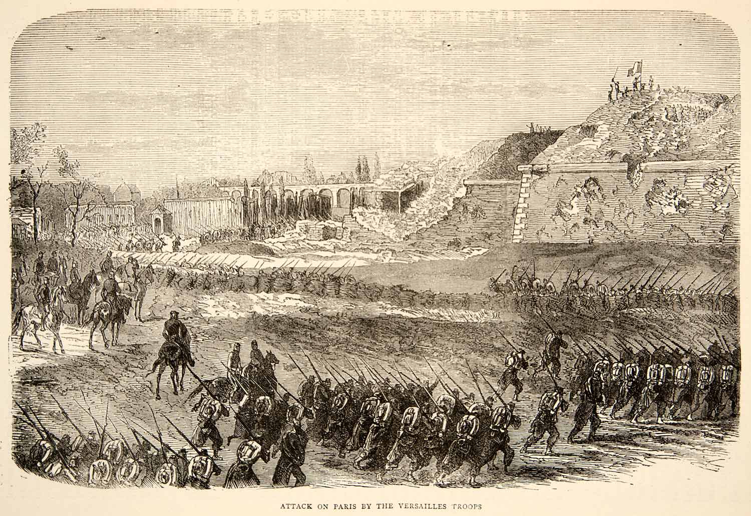 1874 Wood Engraving Attack Paris Versailles Troops Soldiers Commune Guns XEY1