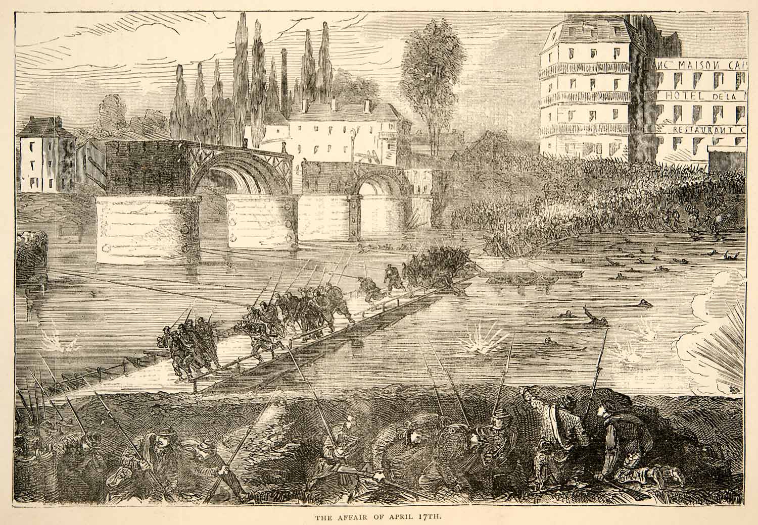 1874 Wood Engraving Affair April Soldiers Fighting Paris Commune River XEY1