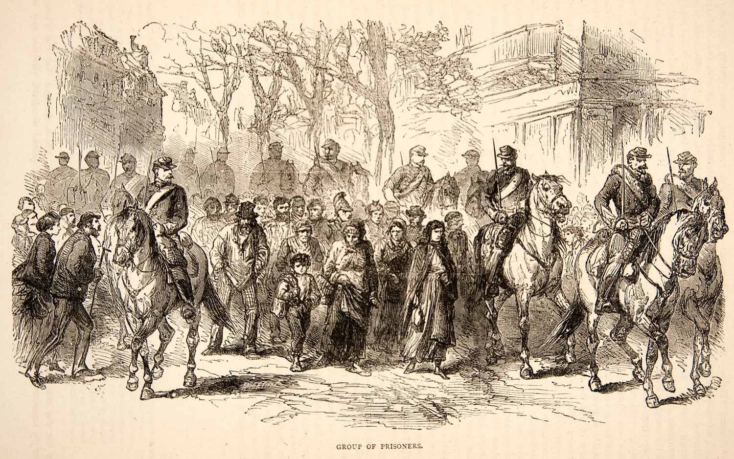 1874 Wood Engraving Paris Commune Uprising Group Prisoners Troops Army XEY1
