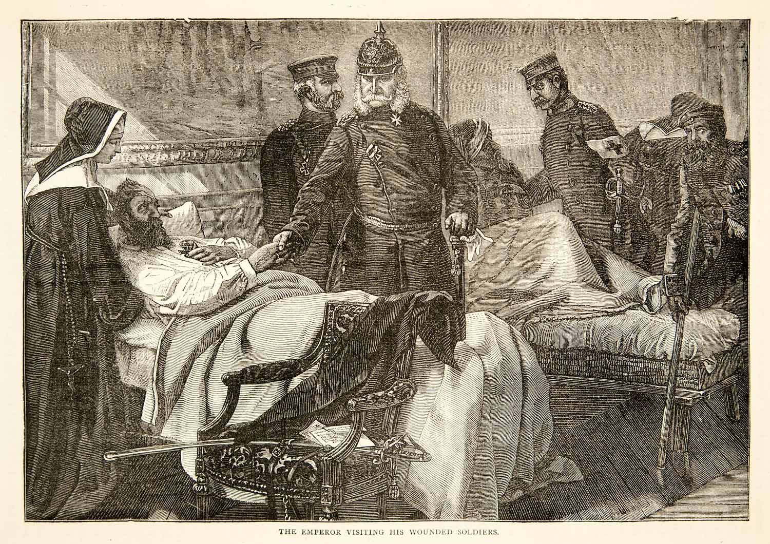 1874 Wood Engraving WIlliam I Emperor Germany Wounded Soldiers Nurse XEY1, image size:1500x1060