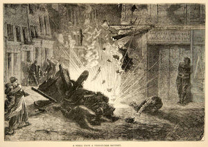 1874 Wood Engraving Explosion Shell Versailles Battery Army Fight Paris XEY1