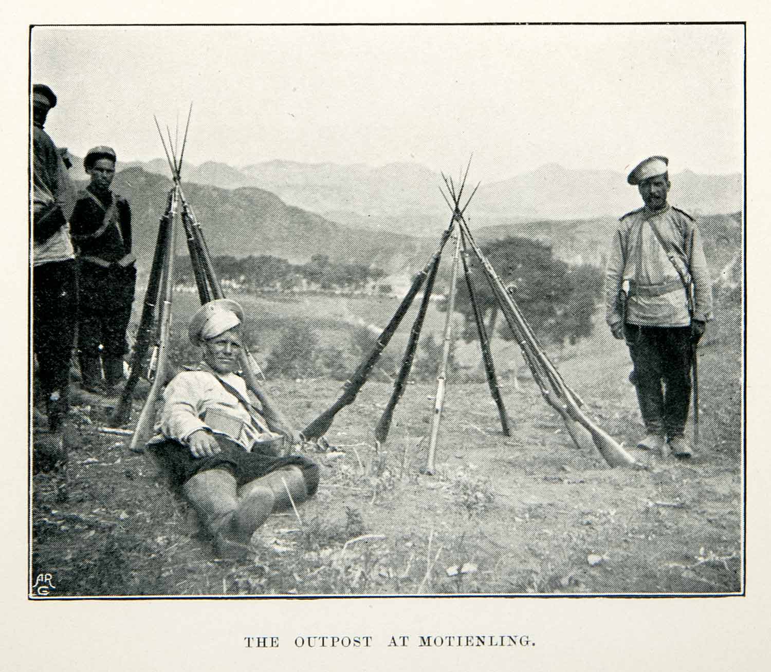 1905 Print Russo Japanese War Outpost Military Soldiers Rifle Bayonet XEY3