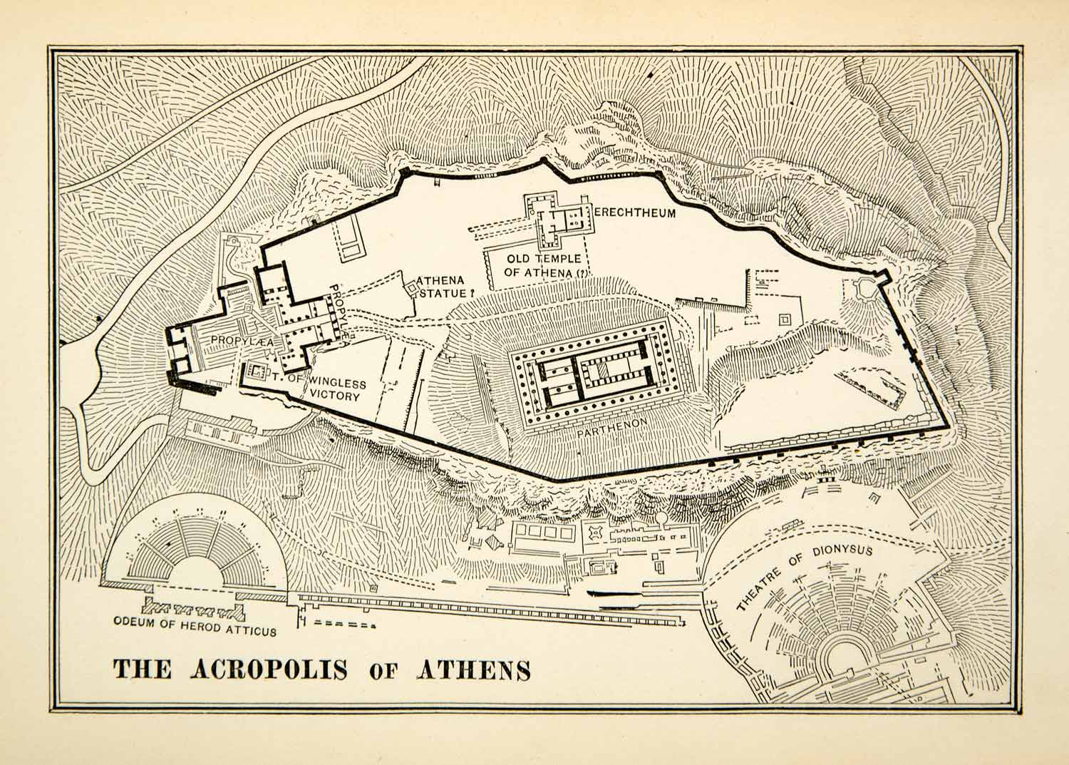 1900 Print Map Acropolis Athens Greece Architecture Layout Odeum Herod XEY8