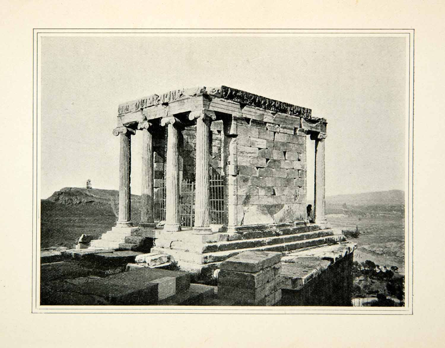 1900 Print Temple Wingless Victory Archeology Architecture Greece Nike XEY8