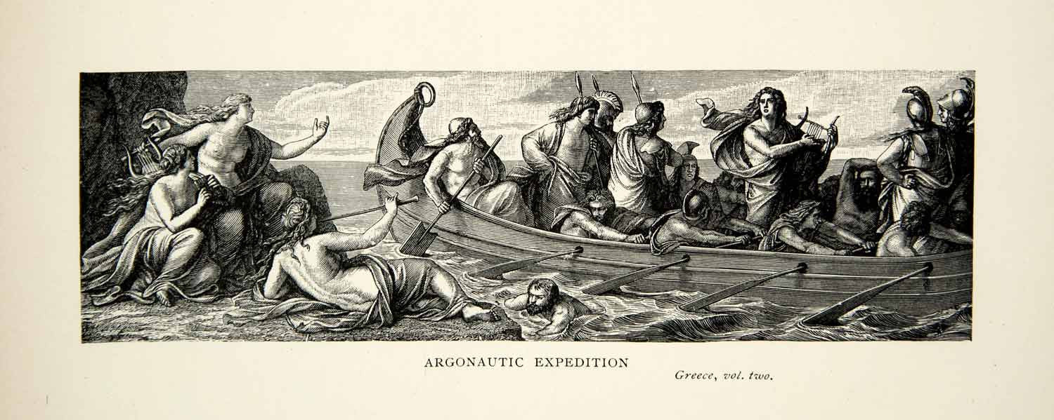 1899 Wood Engraving Argonautic Expedition Boat Ship Ancient Greece Sea XEZ2
