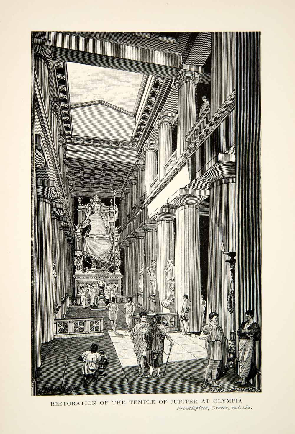 1899 Wood Engraving Restoration Temple Jupiter Olympia Ancient Greece XEZ2
