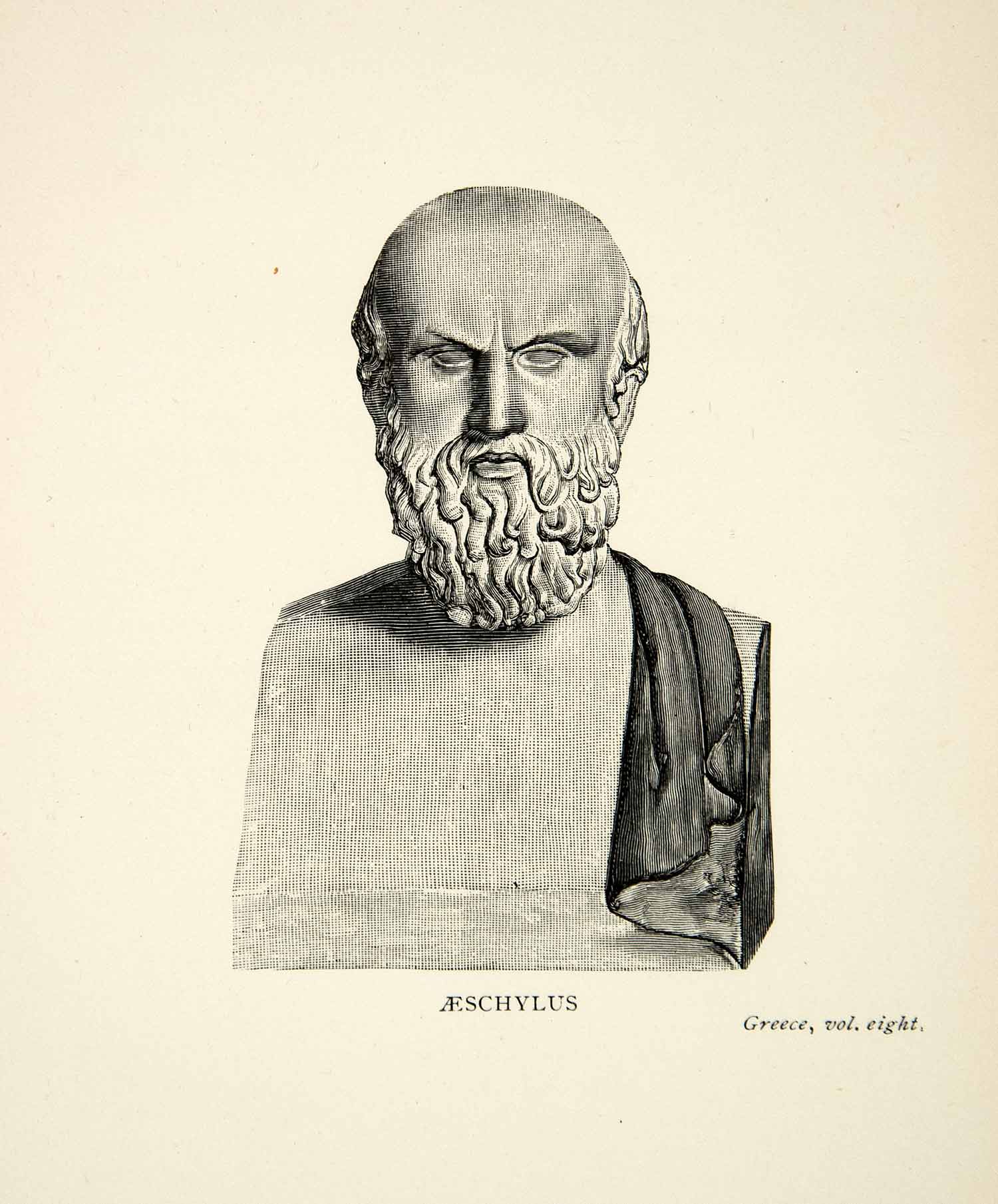 1899 Wood Engraving Bust Portrait Aeschylus Ancient Greek Tragedian Writer XEZ2