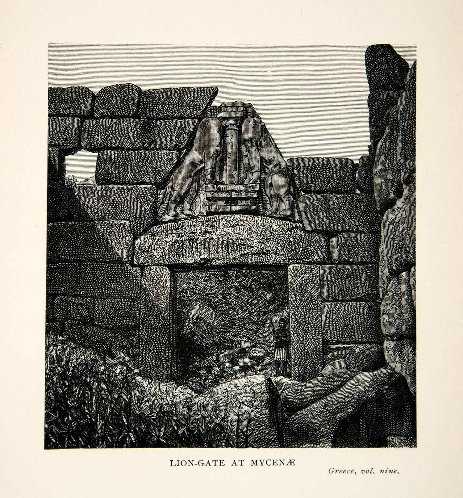 1899 Wood Engraving Lion Gate Mycenae Archaeological World Heritage Site XEZ2
