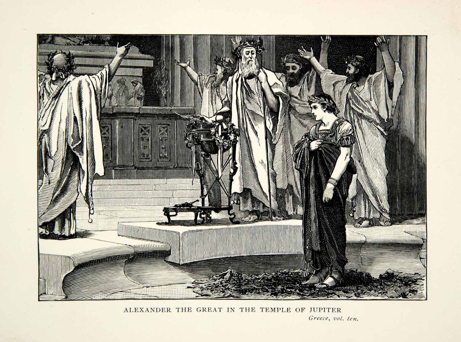 1899 Wood Engraving Alexander Great Temple Jupiter Ancient Greece King XEZ2