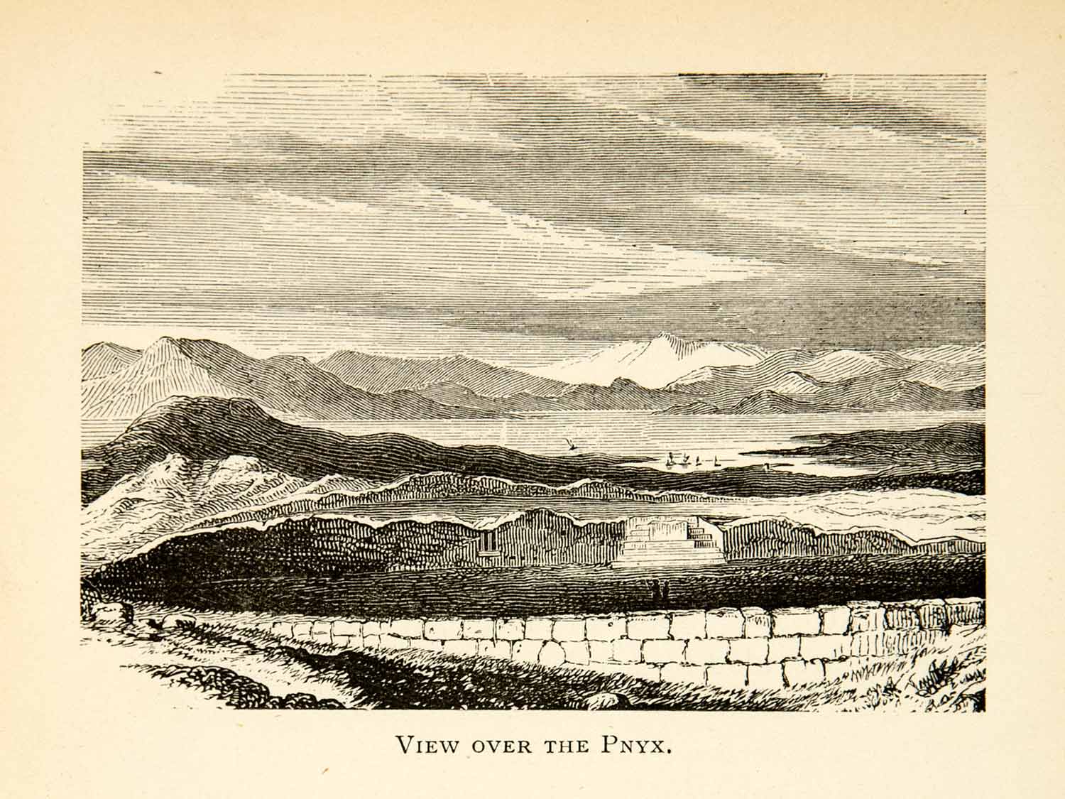 1893 Wood Engraving Pnyx Greece Landscape River Historic Famous Hill XEZ3