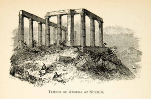 1893 Wood Engraving Temple Athena Sunium Greece Architecture Ruins XEZ3