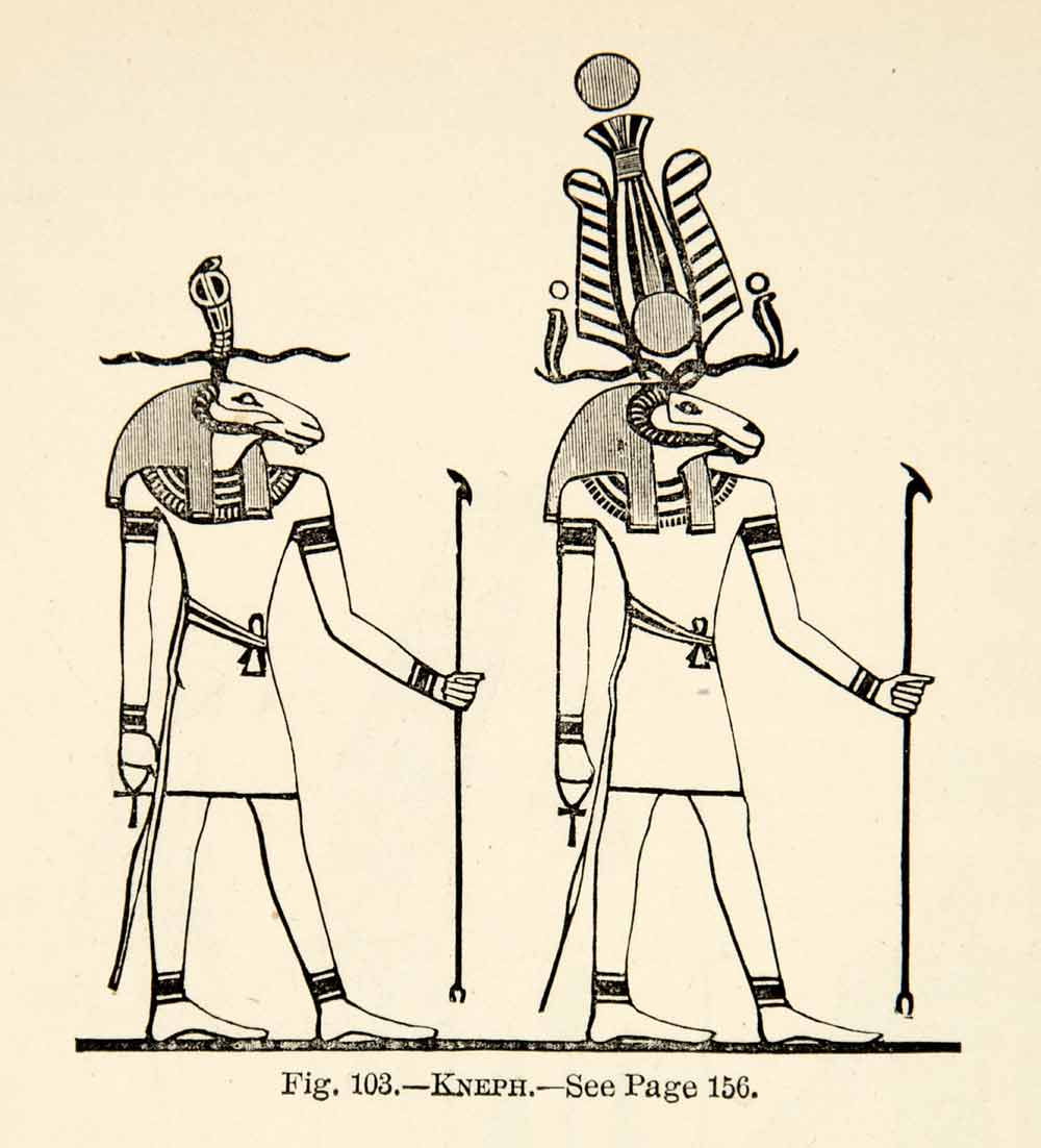 1886 Wood Engraving Kneph God Nile River Decorative Portrait Figures XEZ4