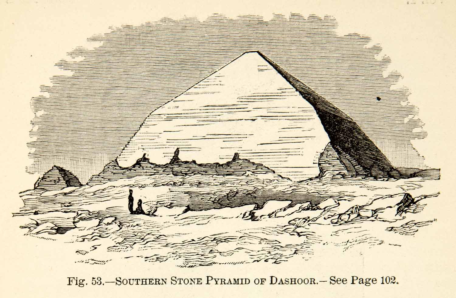 1886 Wood Engraving Southern Stone Pyramid Dashoor Egyptian Landscape XEZ4