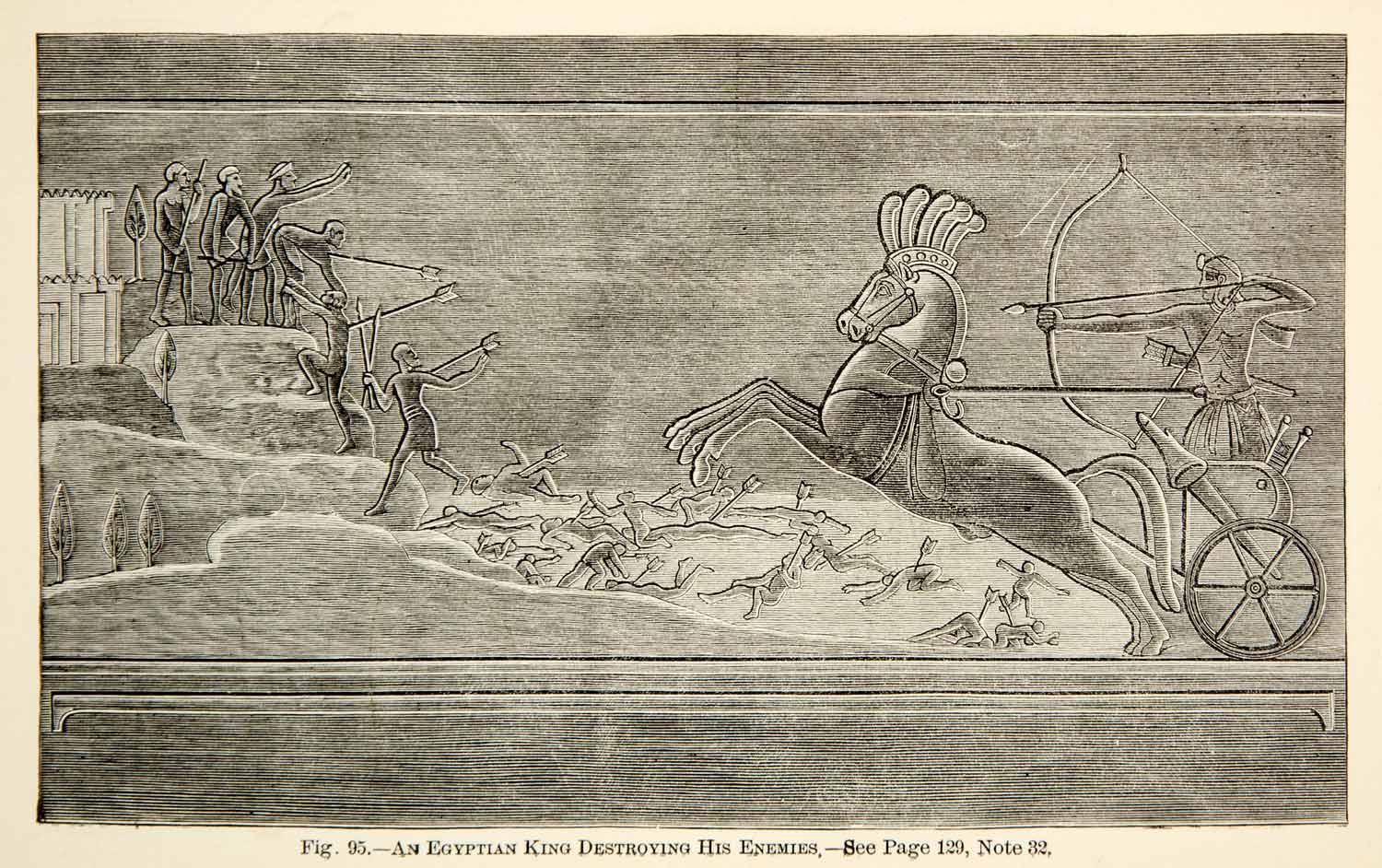 1886 Wood Engraving Egyptian King Destroy Enemies Horse Chariot Battle XEZ4