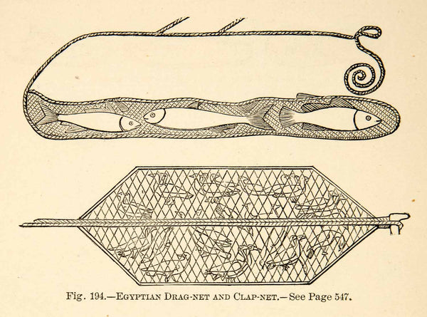 1886 Wood Engraving Egyptian Dragnet Clapnet Fishing Cage Hunting Anci – Period Paper Historic Art LLC