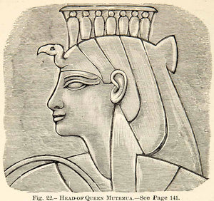 1886 Wood Engraving Head Face Queen Mutemua Egyptian Royalty Hieroglyphics XEZ4