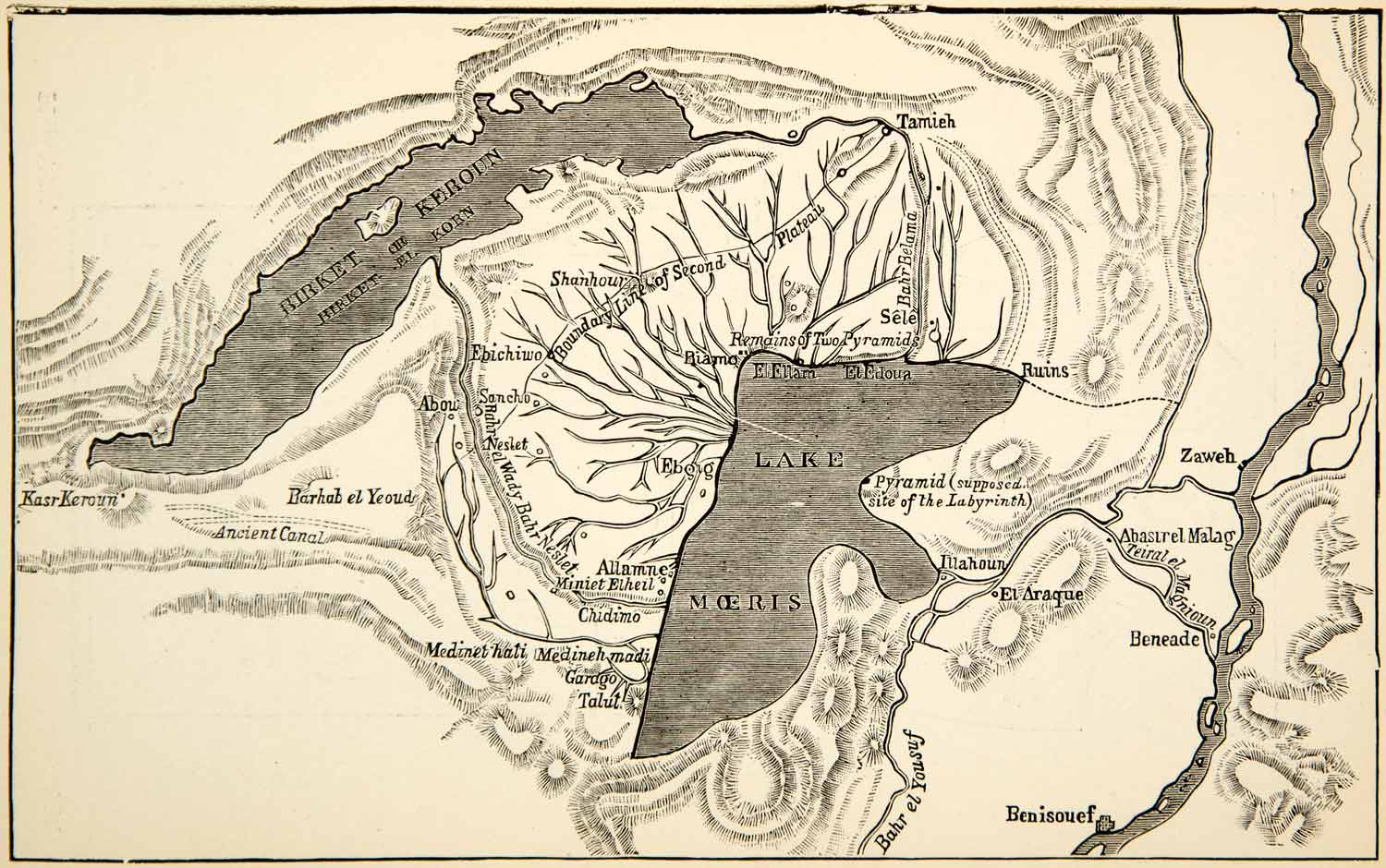 1886 Print Map Fayuom Birket-et-Keroun Lake Moeris Egypt Landscape Tamieh XEZ4