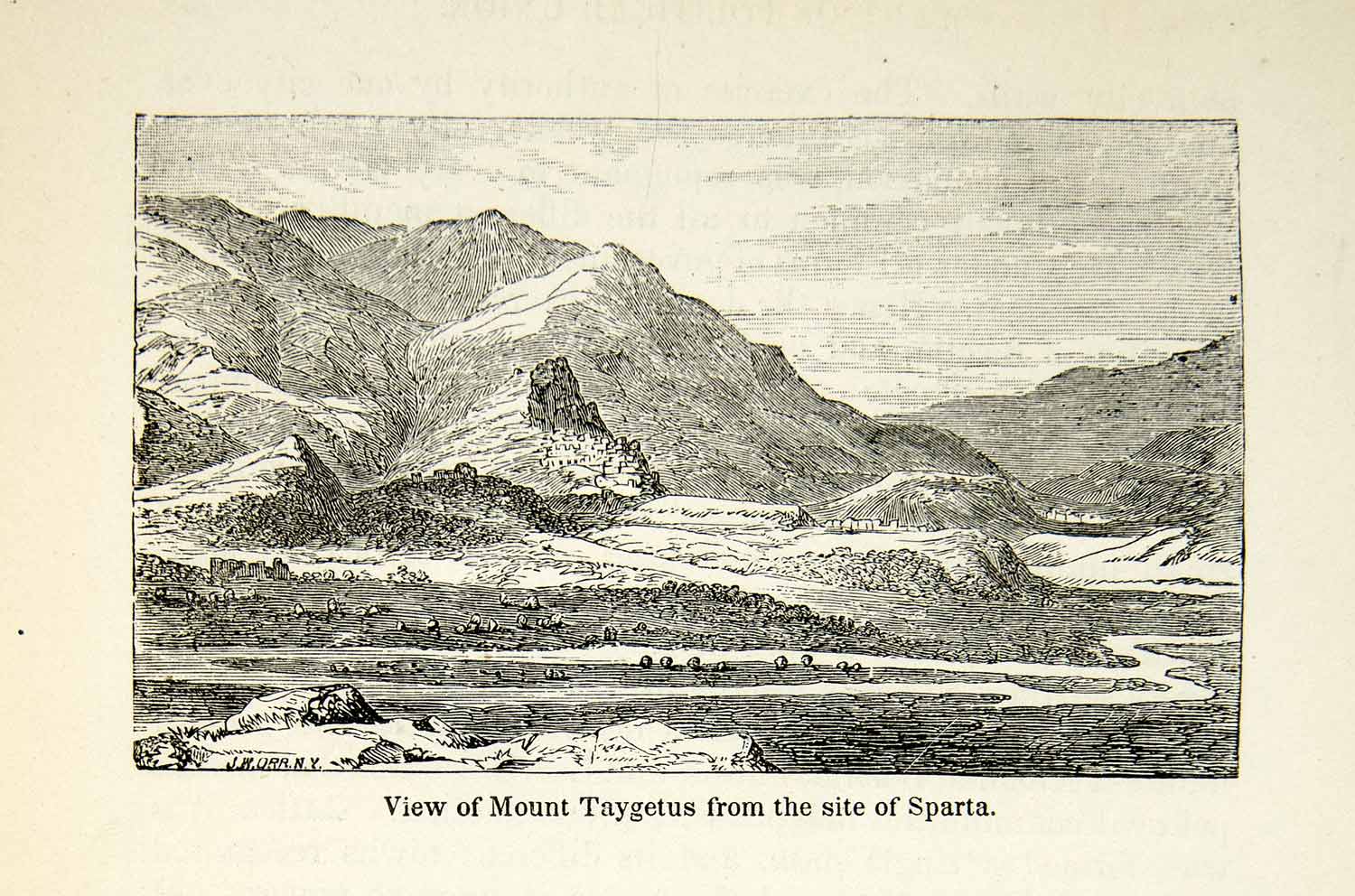 1898 Wood Engraving Mount Taygetus Sparta Greece Landscape Mountain River XEZ9