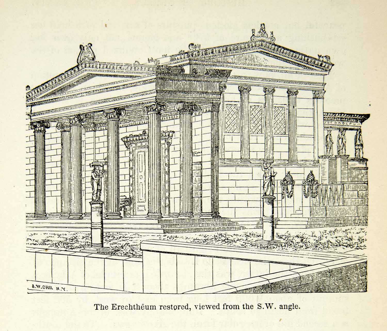1898 Wood Engraving Erechtheum Greece Architecture Historic Pediment XEZ9