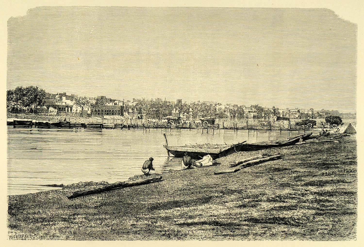 1878 Wood Engraving Mathura Muttra India Uttar Pradesh River Harbor Boat XGA4