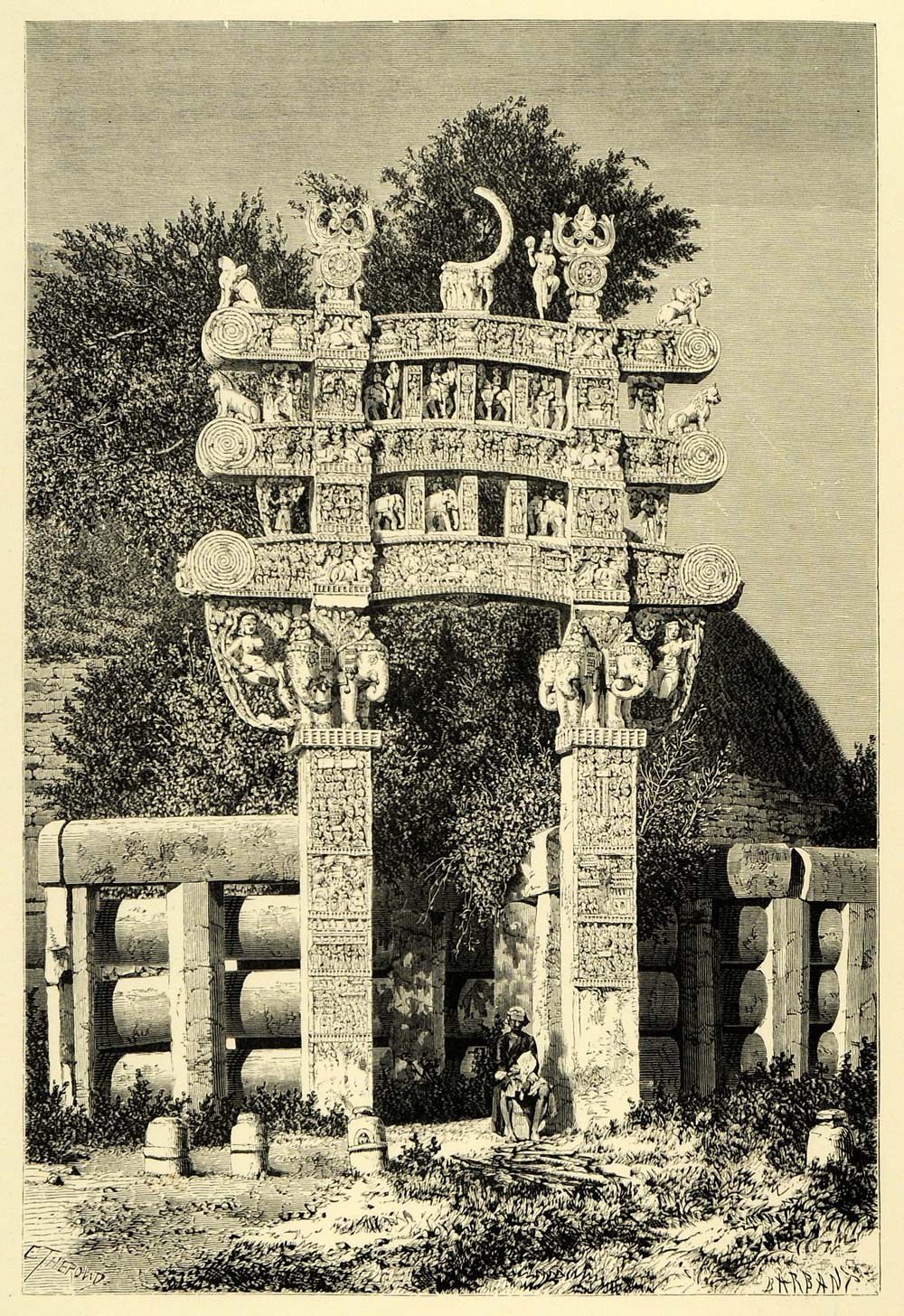 1878 Wood Engraving Gate Sanchi India Architecture Sculpture Stupa Elephant XGA4