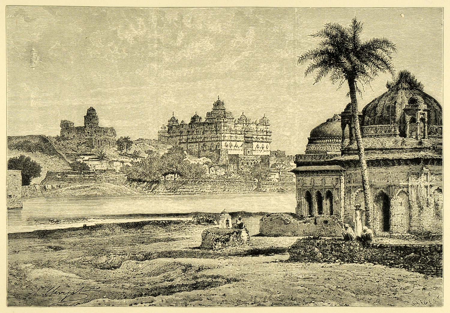 1878 Wood Engraving Birsing Deo Palace Hindu Lake Dattia Datia India XGA4