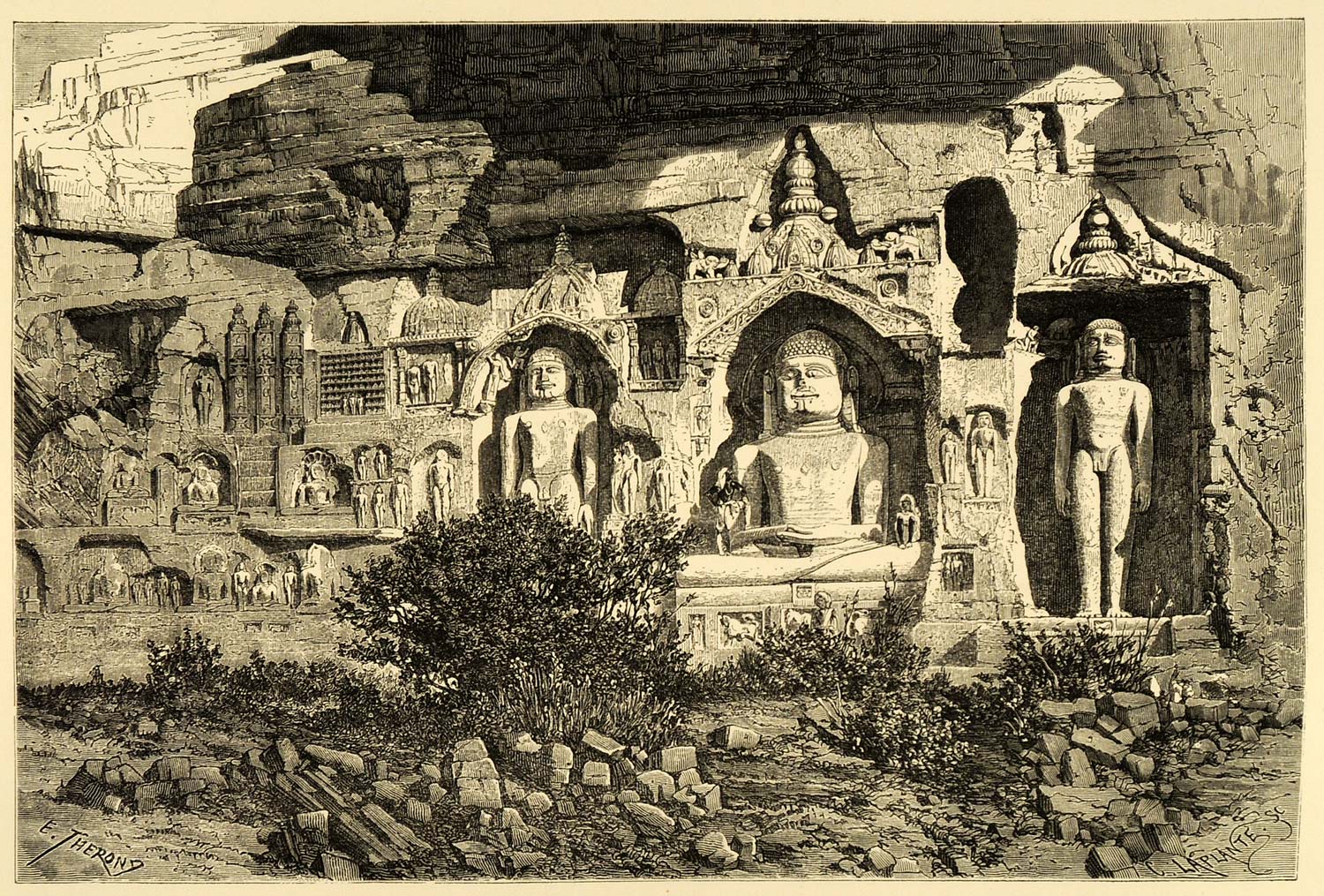 1878 Wood Engraving Colossi Ourwhai Gwalior Madhya Pradesh India Sculpture XGA4
