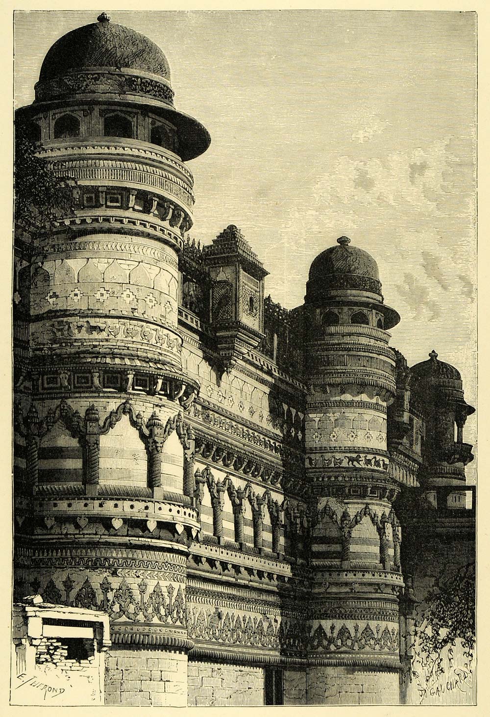 1878 Wood Engraving Pal Palace Gwalior India Fort Madhya Pradesh XGA4