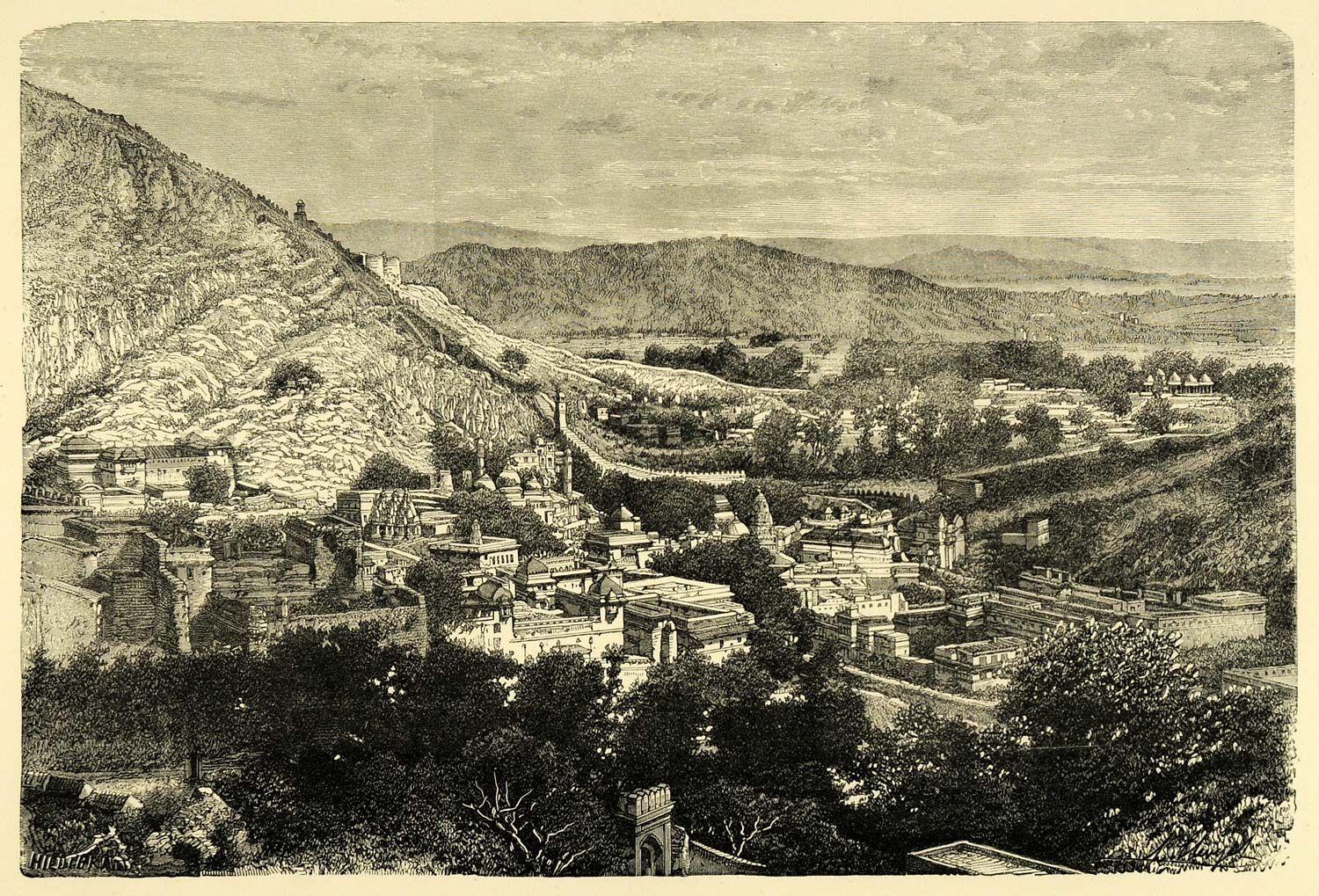 1878 Wood Engraving Valley Ambir India Architecture Landscape Scenery City XGA4