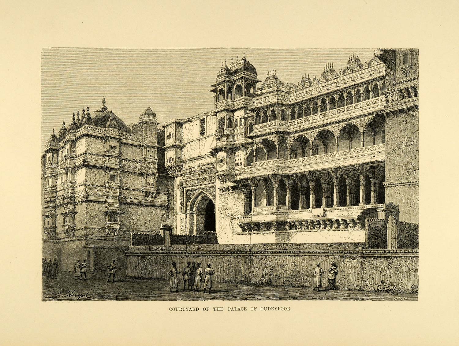 1878 Wood Engraving Courtyard Palace Udaipur Oudeypoor Architecture Royalty XGA4