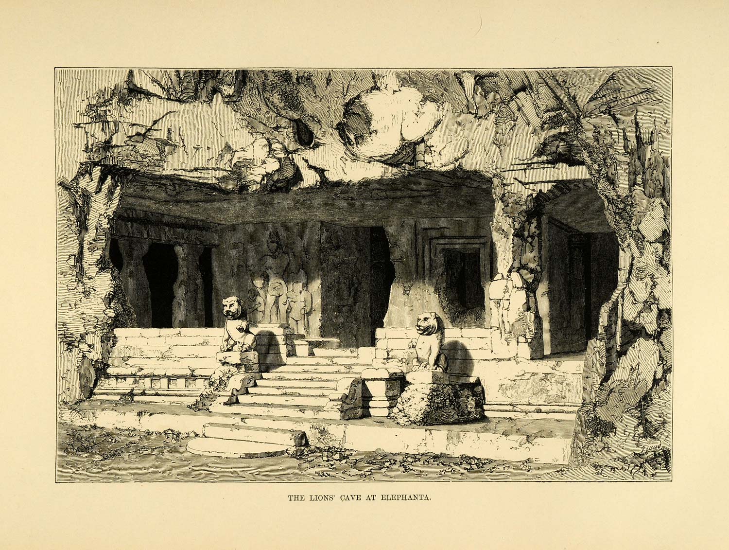 1878 Wood Engraving Lions Cave Buddhism Hinduism Sculpture Animal Elephanta XGA4